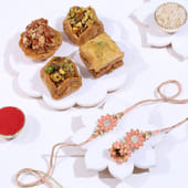 Peach Floral Bhai Bhabhi Rakhi With Baklawas