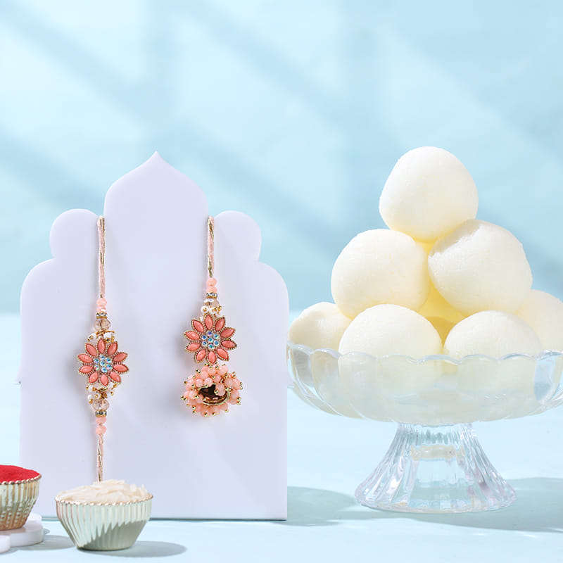 Peach Floral Bhai Bhabhi Rakhi With Ragullas