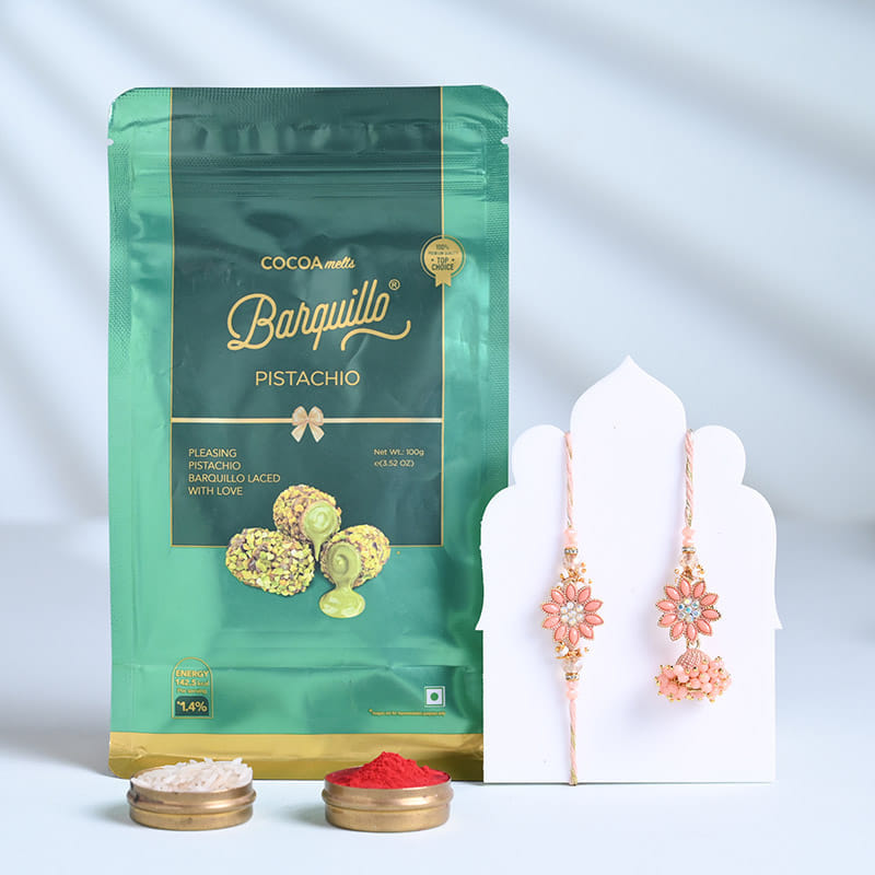Peach Floral Bhaiya Bhabhi Rakhis With Pistachios