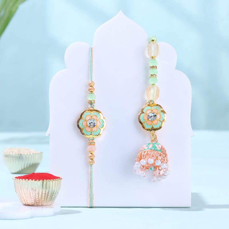 Peach Latkan Bhai Bhabhi Rakhi With Ferrero Rocher
