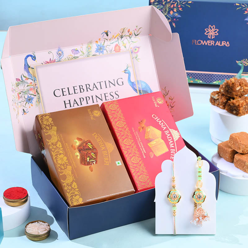 Peach Latkan Bhai Bhahi Rakhis With Festive Sweets
