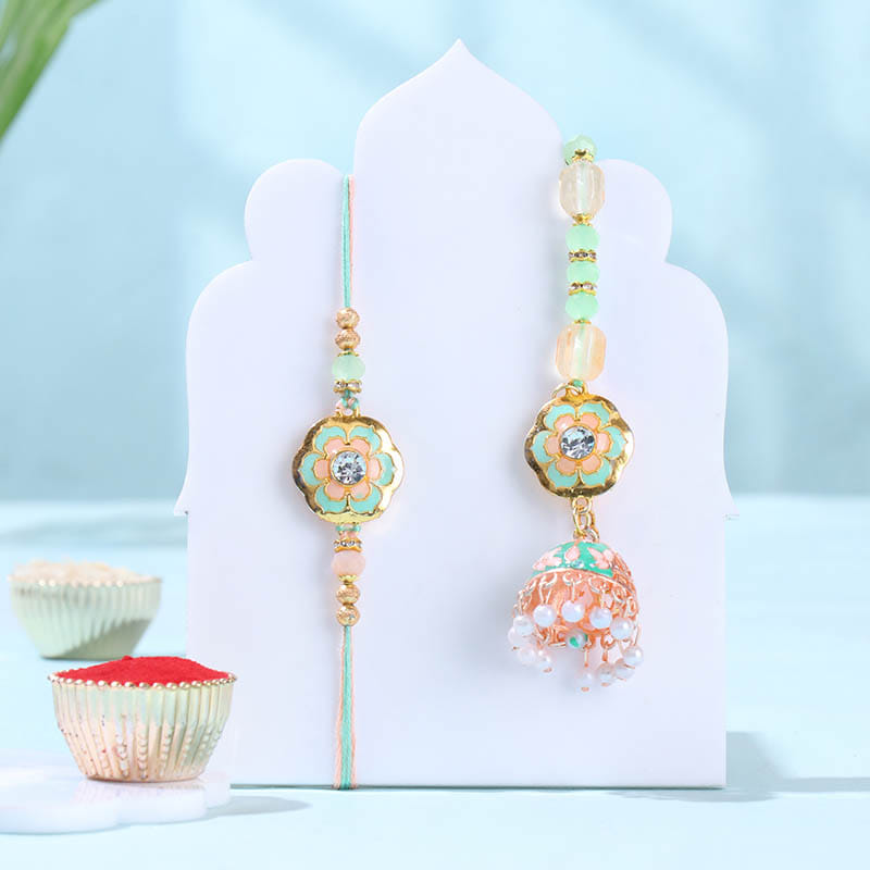 Peach Latkan Bhai Bhahi Rakhis With Festive Sweets