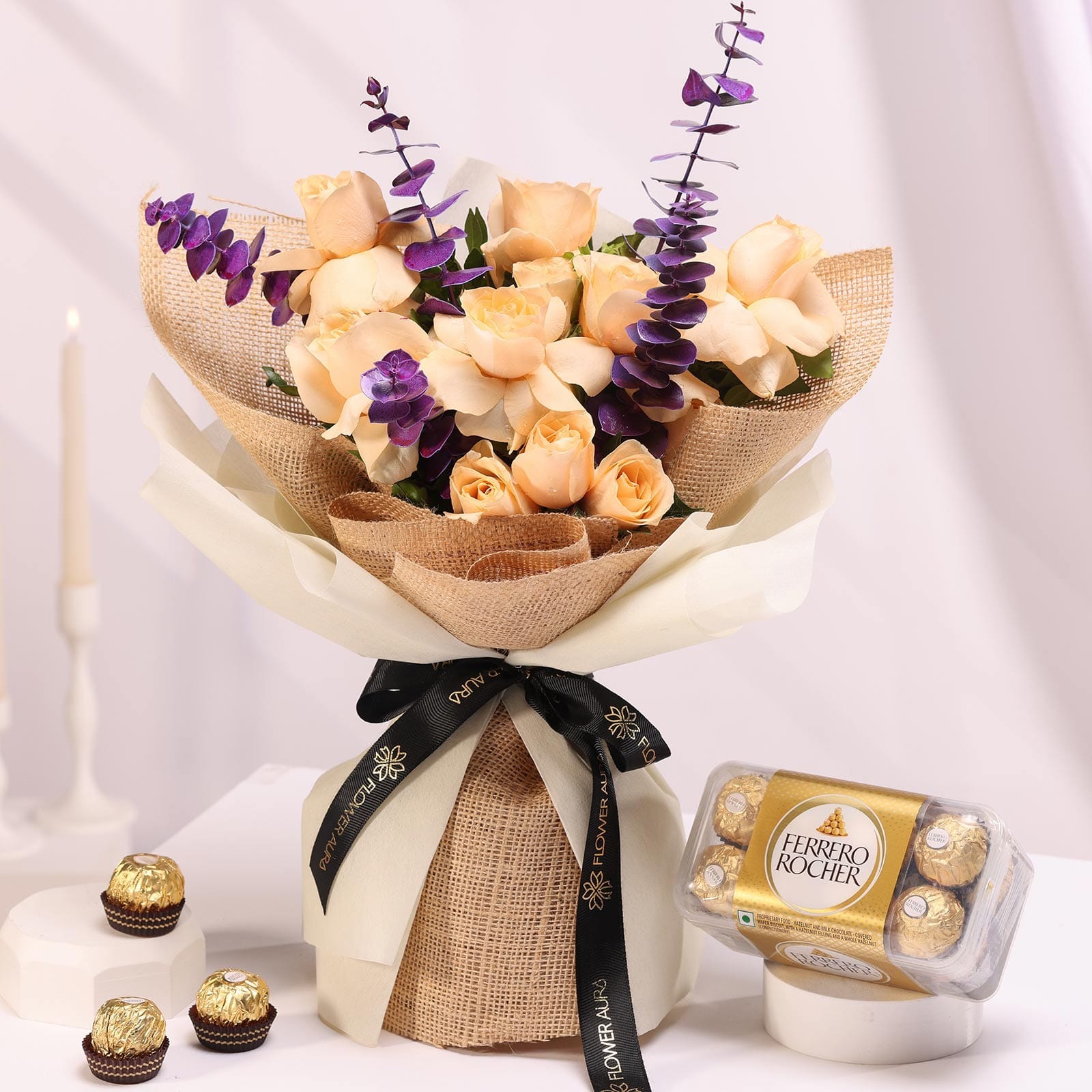 Peach Roses Bouqet N Ferreo Rocher Combo