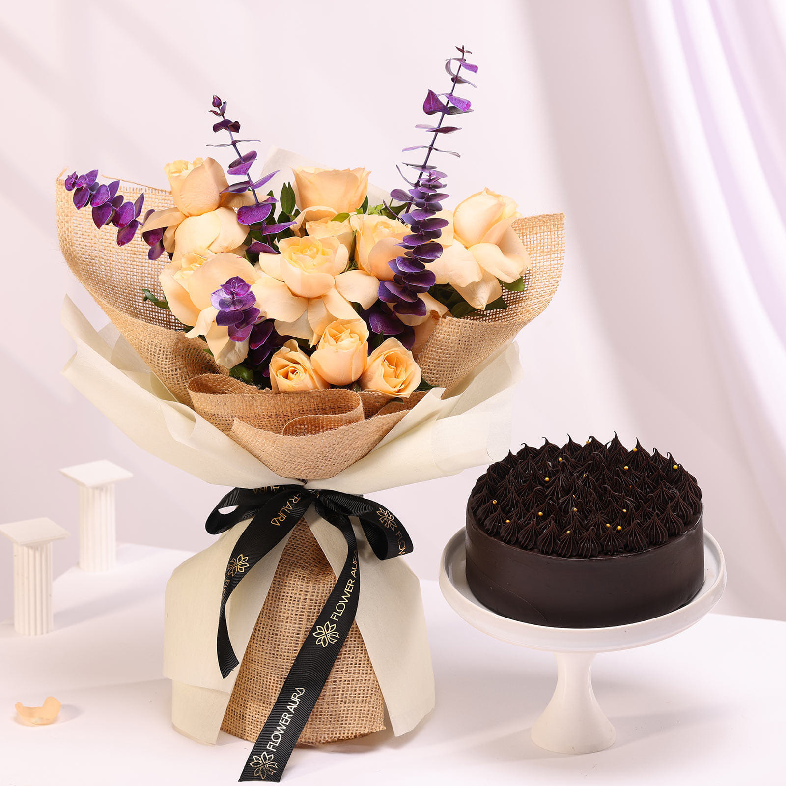 Peach Roses Bouquet N Choco Cake Combo