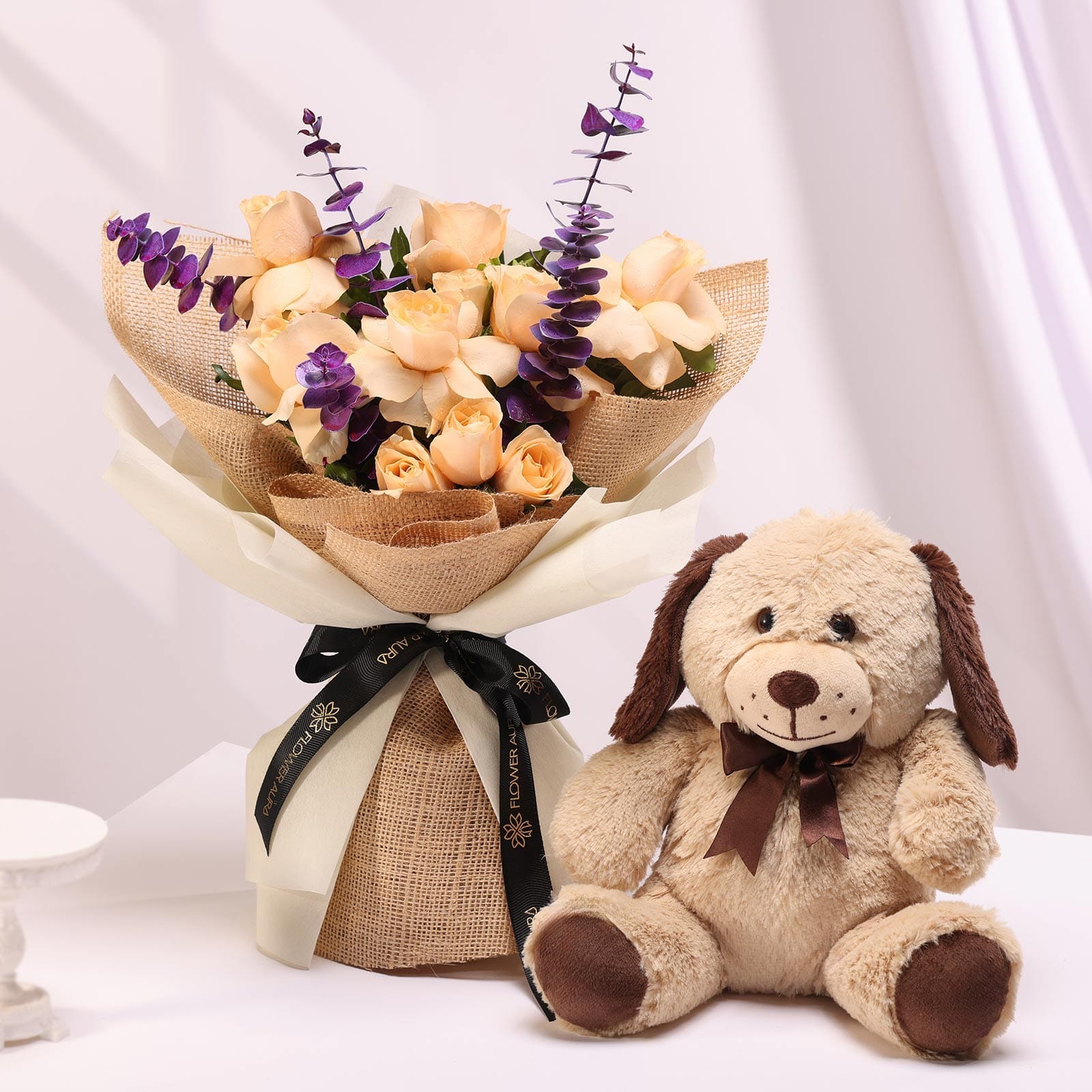 Peach Roses Bouquet N Teddy Combo
