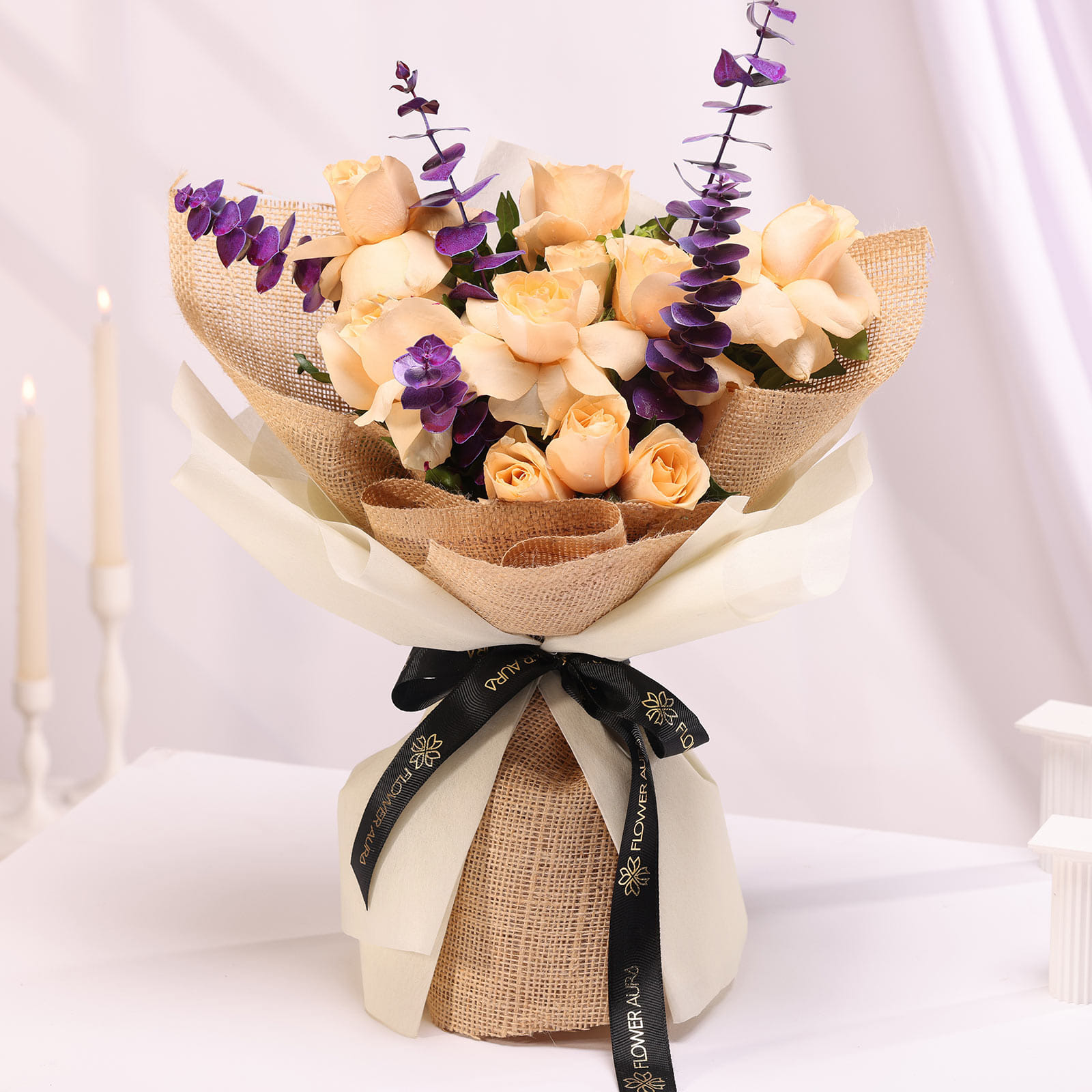 Peach Roses Bouquet N Teddy Combo