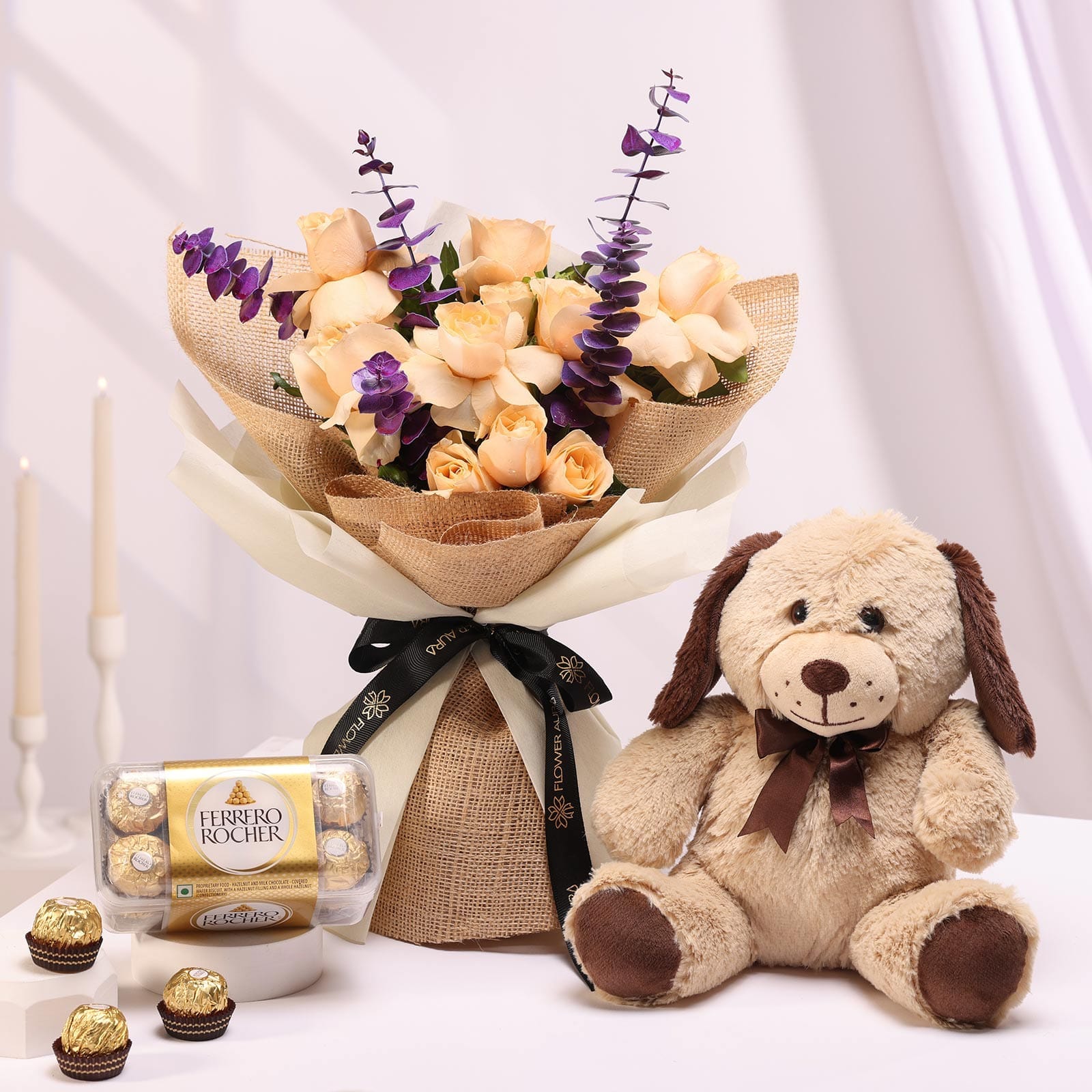 Peach Roses Bouquet With Teddy N Ferrero