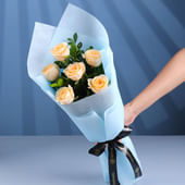 Peach Roses In A Sky Blue Moment