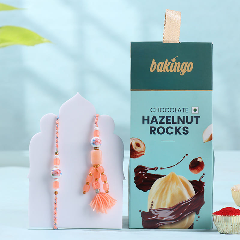 Peach Tassel Bhai Bhabhi Rakhi N Hazelnut Rock