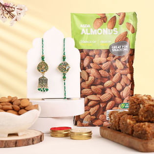 Peacock Bhai Bhabhi Rakhi Set With Dhoda N Almonds