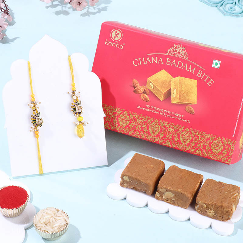 Peacock Bhai Bhabhi Rakhi With Chana Badam Barfi