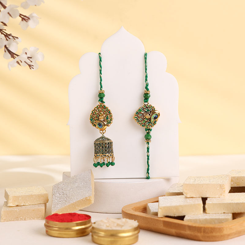 Peacock Bhaiya Bhabhi Rakhi Set N Kaju Katli