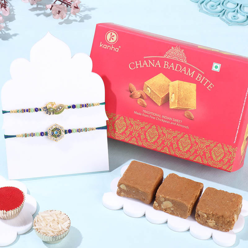 Peacock Bhaiya Bhabhi Rakhi With Chana Badam Bite