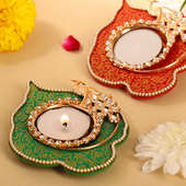 Set of 2 Stone Peacock Brocade Fancy Diya for Diwali