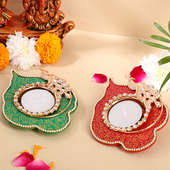 Set of 2 Stone Peacock Brocade Fancy Diya for Diwali