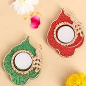 Set of 2 Stone Peacock Brocade Fancy Diya for Diwali