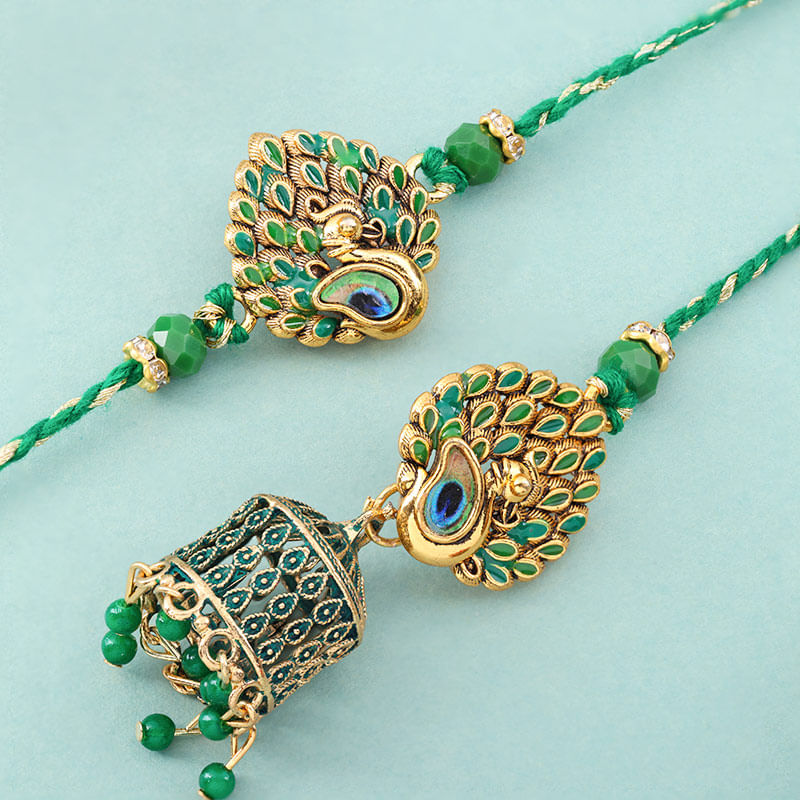Peacock Charm Bhaiya Bhabhi Rakhi Set
