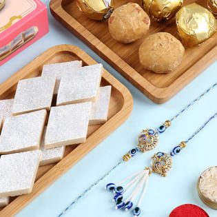 Peacock Charm Bhaiya Bhabhi Rakhi With Sweets