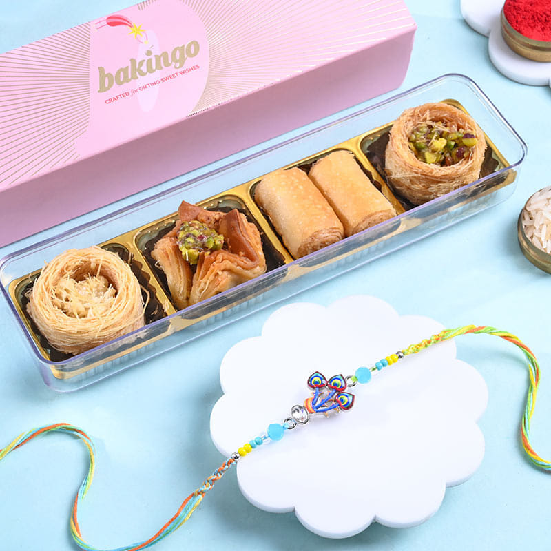 Peacock Designer Rakhi With Baklawa Fusion Sweets