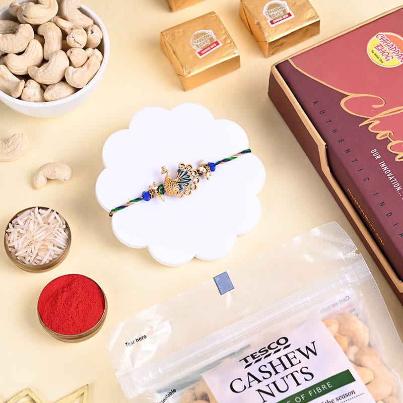 Peacock Designer Rakhi With Chocobite N Cashews