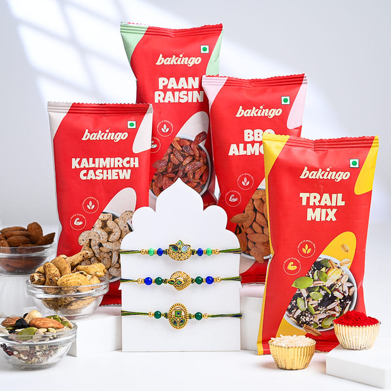 Peacock Inspo Rakhi Trio With Gourmet Snacks