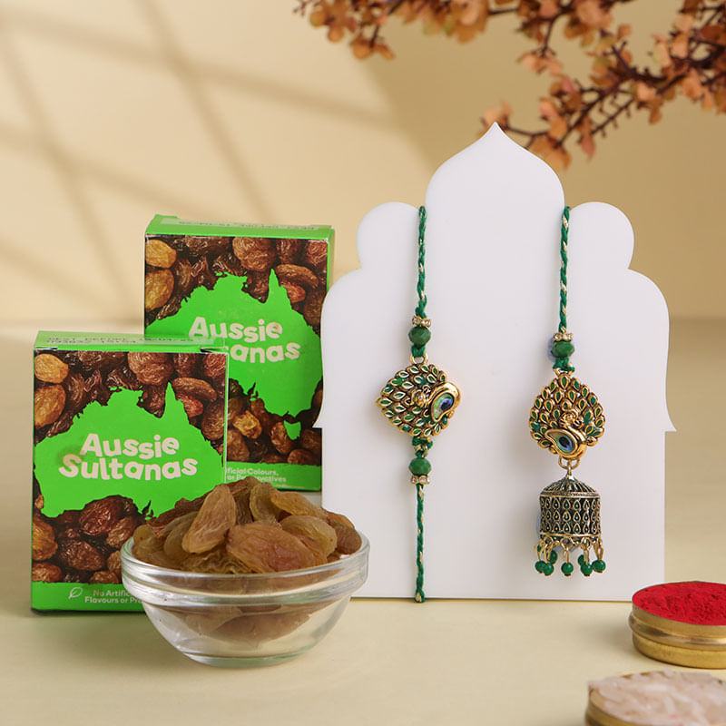 Peacock Motif Bhaiya Bhabhi Rakhis With Sultanas