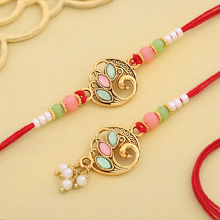Peacock N Vibrant Stones Bhaiya Bhabhi Rakhi Set