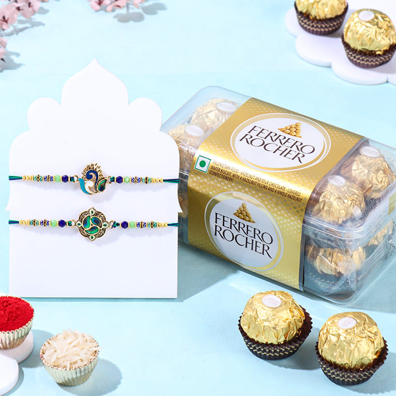 Peacock Rakhi Duo With Chocolates