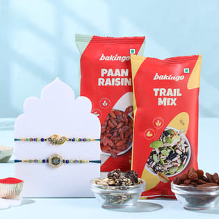 Peacock Rakhi Duo With Trail Mix N Raisins
