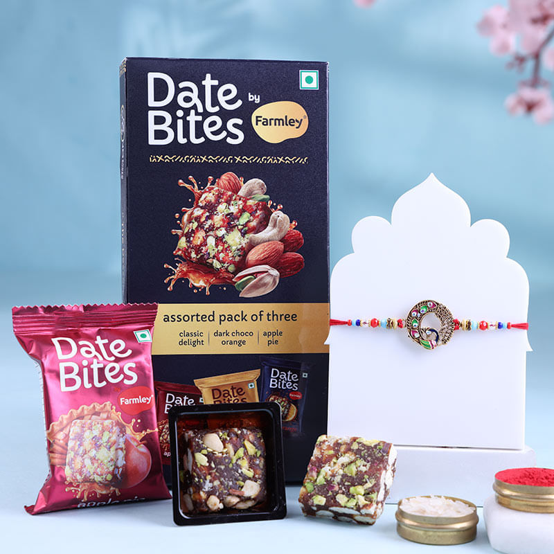 Peacock Rakhi N Assorted Date Bites Combo