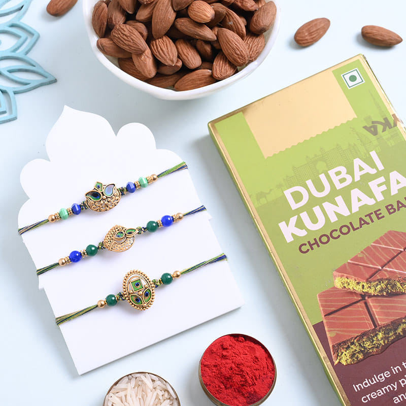 Peacock Rakhi Trio With Chocolate N Almonds