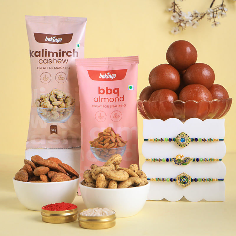 Peacock Rakhi Trio With Sweet N Nutty Treats