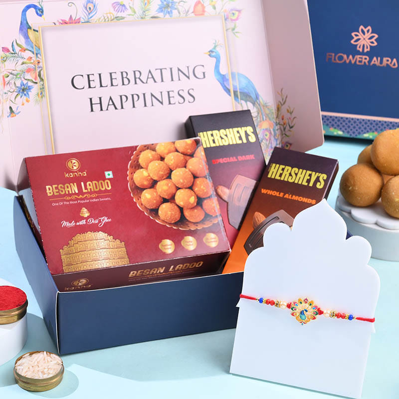 Peacock Rakhi With Besan Ladoo N Chocolates