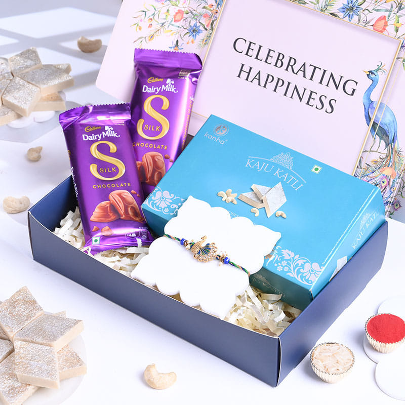 Peacock Rakhi With Kaju Katli N Chocolates
