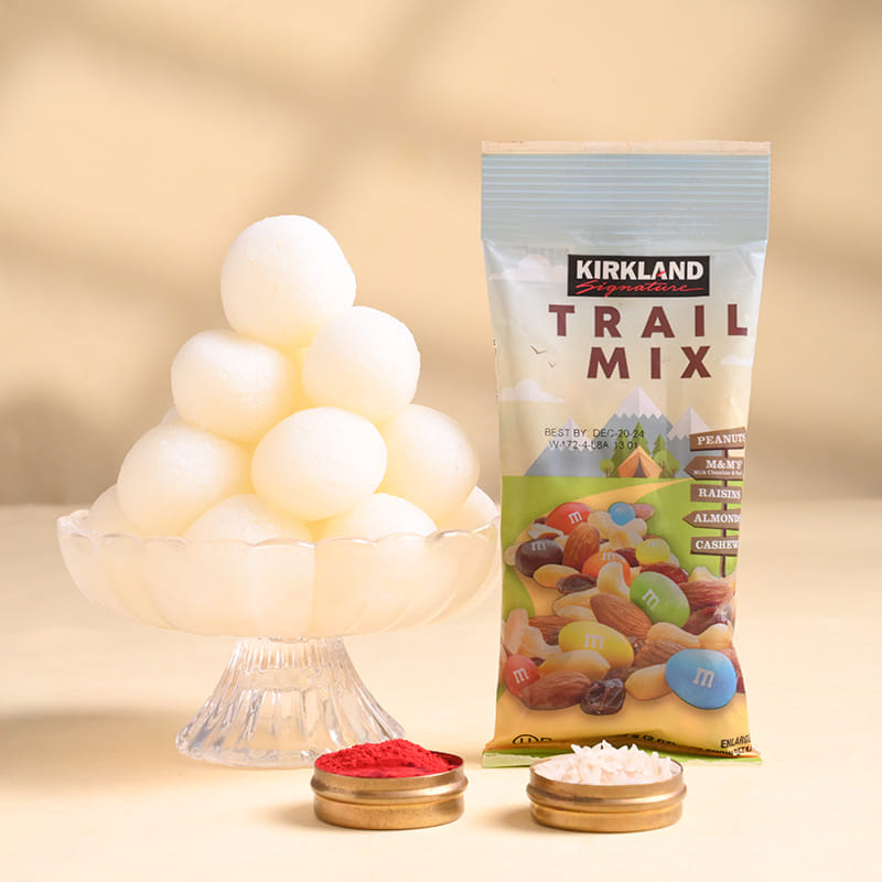 Peacock Motif Rakhi With Trail Mix N Rasgullas