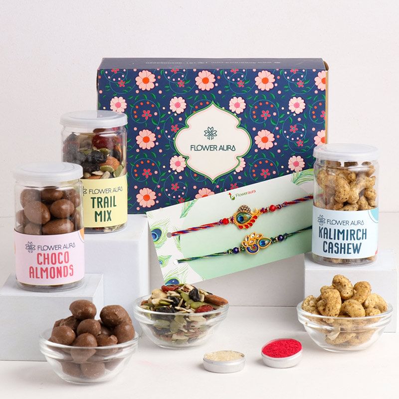 Peacock Rakhis With Cashews Trail Mix N Choco Almond (Set of 2 rakhi with dry fruits)