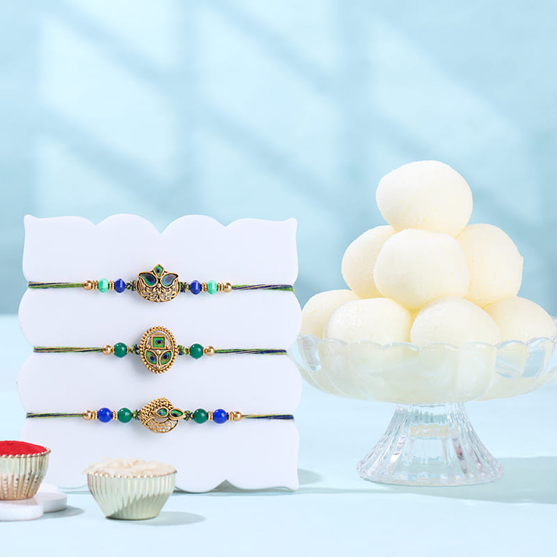 Peacock Trio Rakhi With Rasgulla