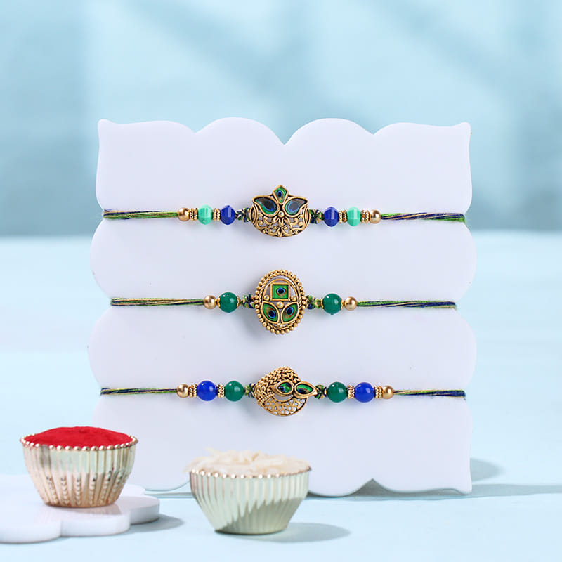 Peacock Trio Rakhi With Rasgulla