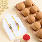 Peacock Yellow Bhaiya Bhabhi Rakhi With Ladoo