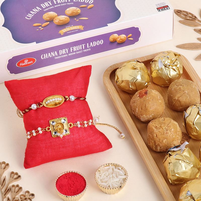 Pearl Bhaiya Bhabhi Rakhi Set With Chana Dry Fruit Laddoo