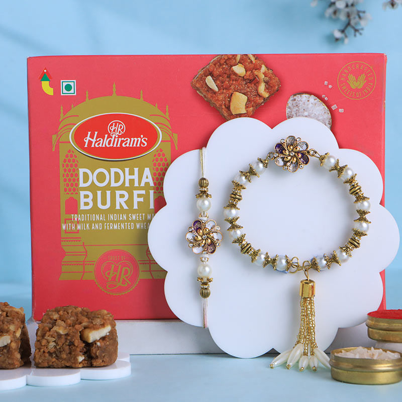 Pearl Bling Bhai Bhabhi Rakhi With Dodha Burfi