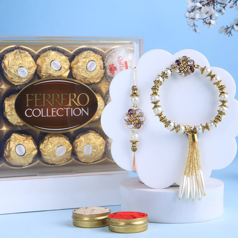 Pearl Bling Bhai Bhabhi Rakhi With Ferrero Rocher