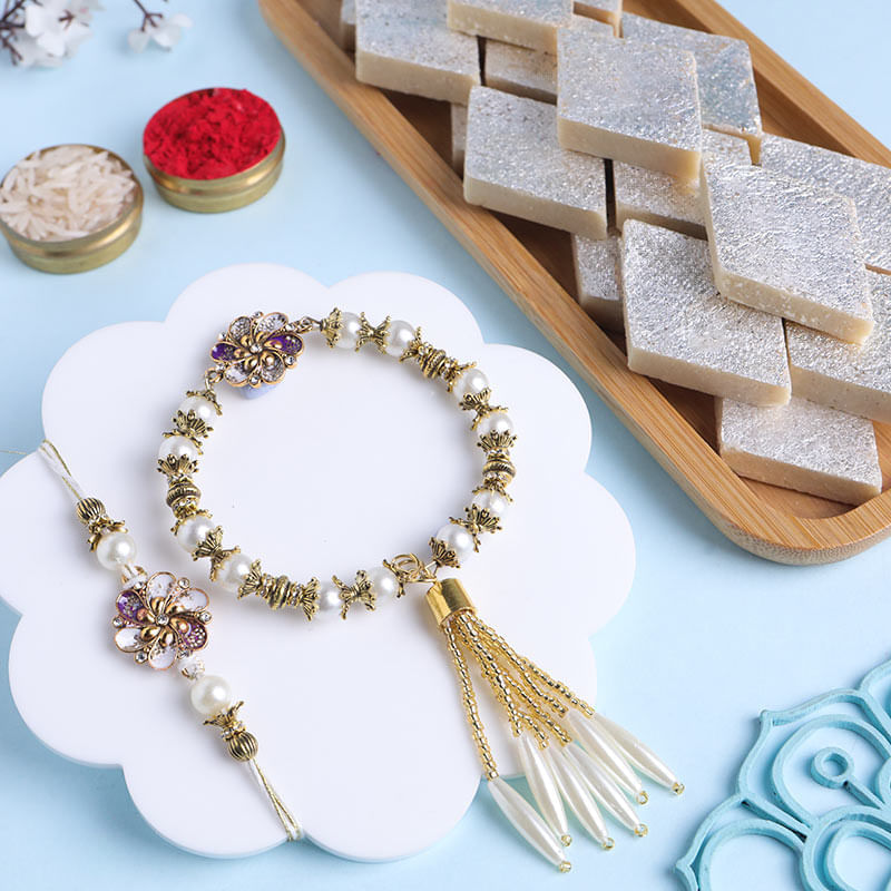 Pearl Bling Bhai Bhabhi Rakhi With Kaju Katli