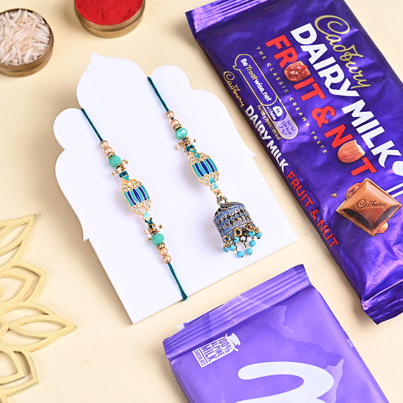 Pearl Ornate Bhai Bhabhi Rakhi Set With Chocolates