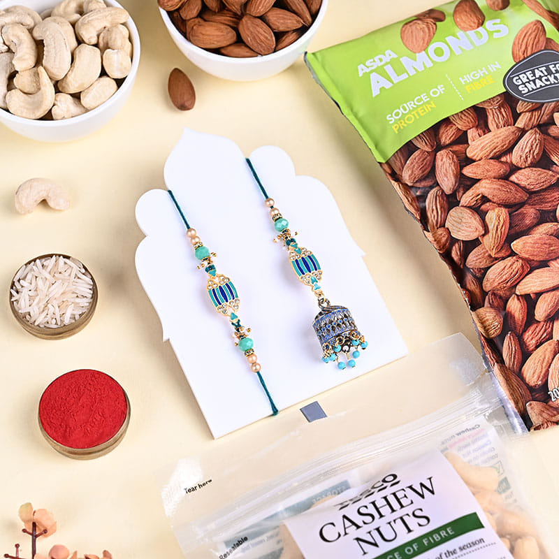 Pearl Ornate Bhai Bhabhi Rakhi Set With Nuts