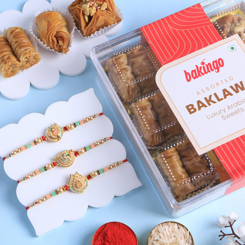 Pearl Rakhi Trio With Baklawa Treats