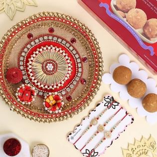 Pearl Rakhi Trio With Pooja Thali N Besan Ladoo