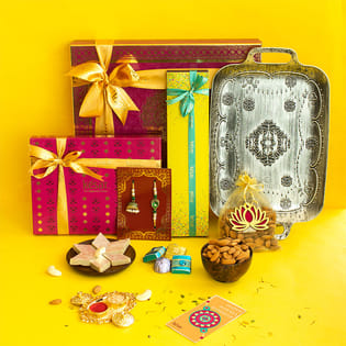 Pearl Rakhis With Copper Tray Kaju Katli Chocos N Badam