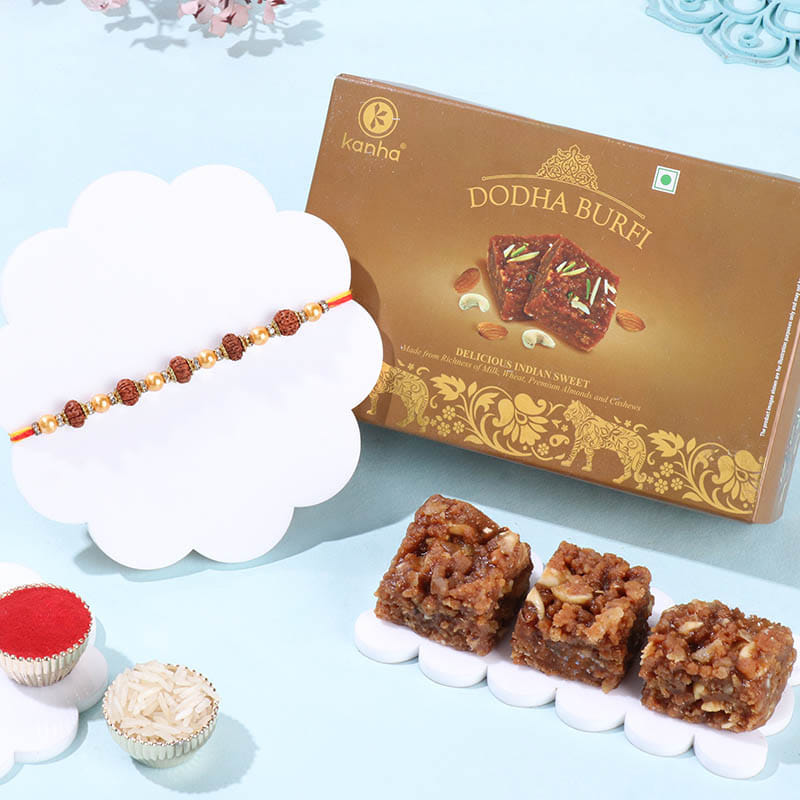 Pearl Rudraksha Rakhi With Dodha Burfi