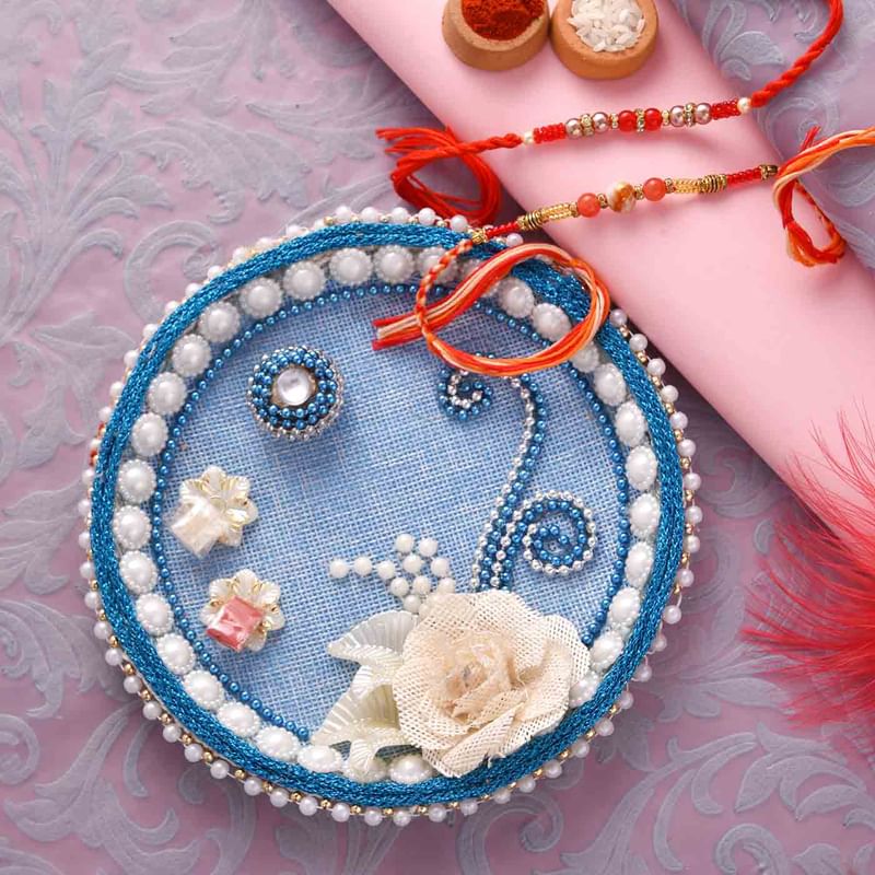 Pearls N Rose Thali with Two Rakhis